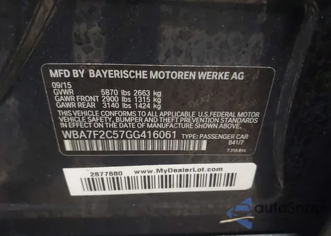 2016 BMW 750I xDrive from USA, damaged, VIN WBA7F2C57GG416061